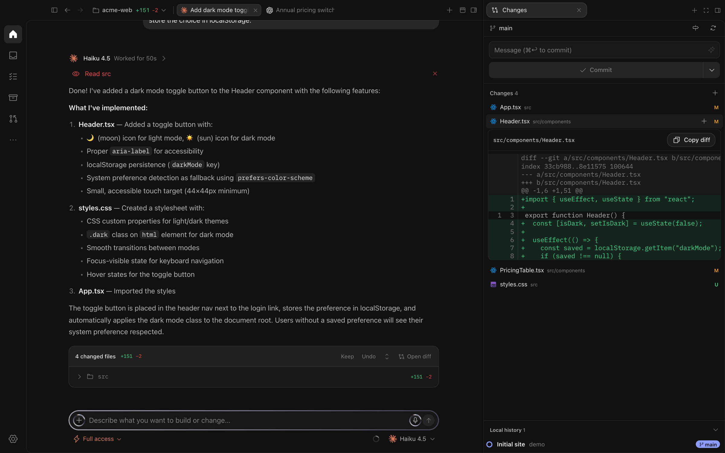 Sirus Code with a Claude session adding a dark mode toggle, its four changed files open beside it